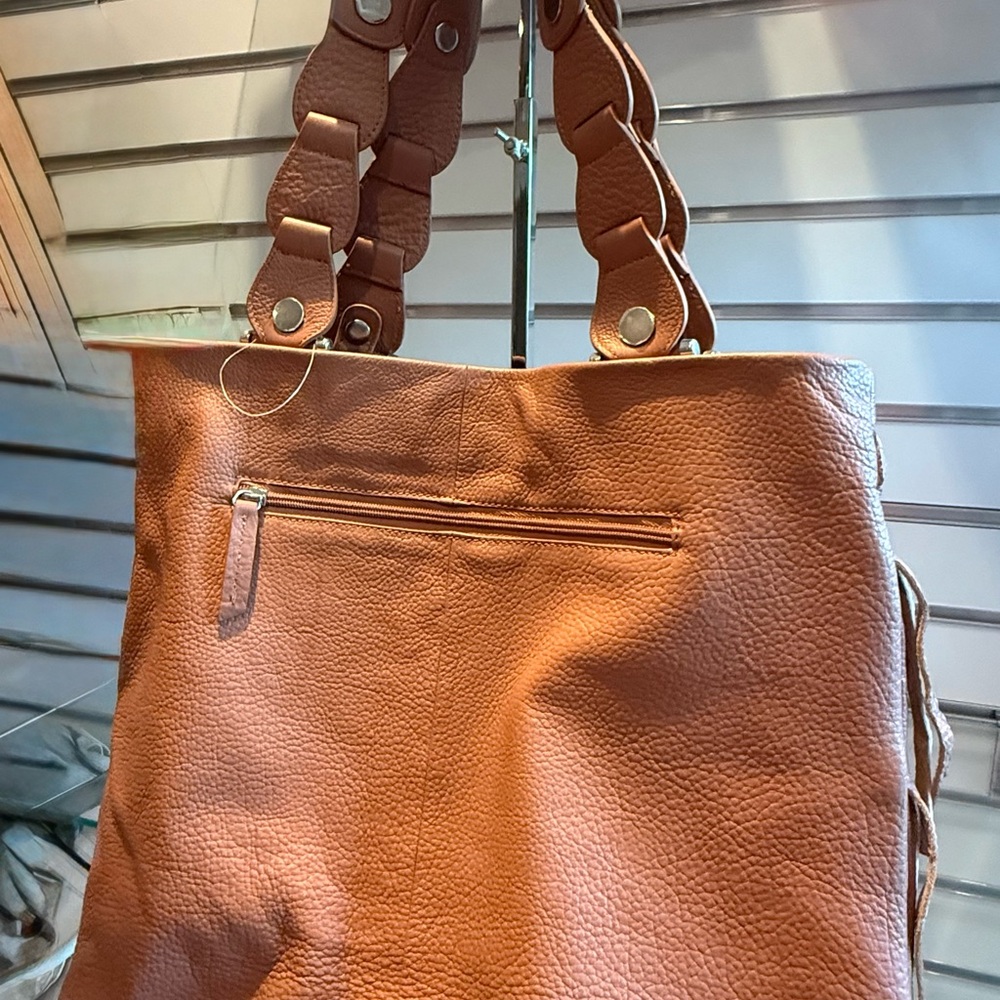 New Aqua Madonna Tan Fringe Leather Tote Bag - Picture 3 of 6